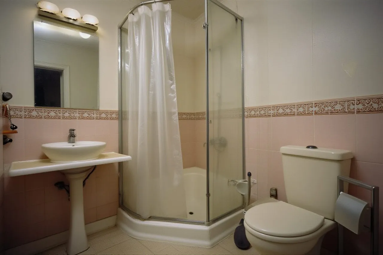 La salle de bains avant travaux : carrelage rose et frise, rideau de douche, lavabo sur colonne