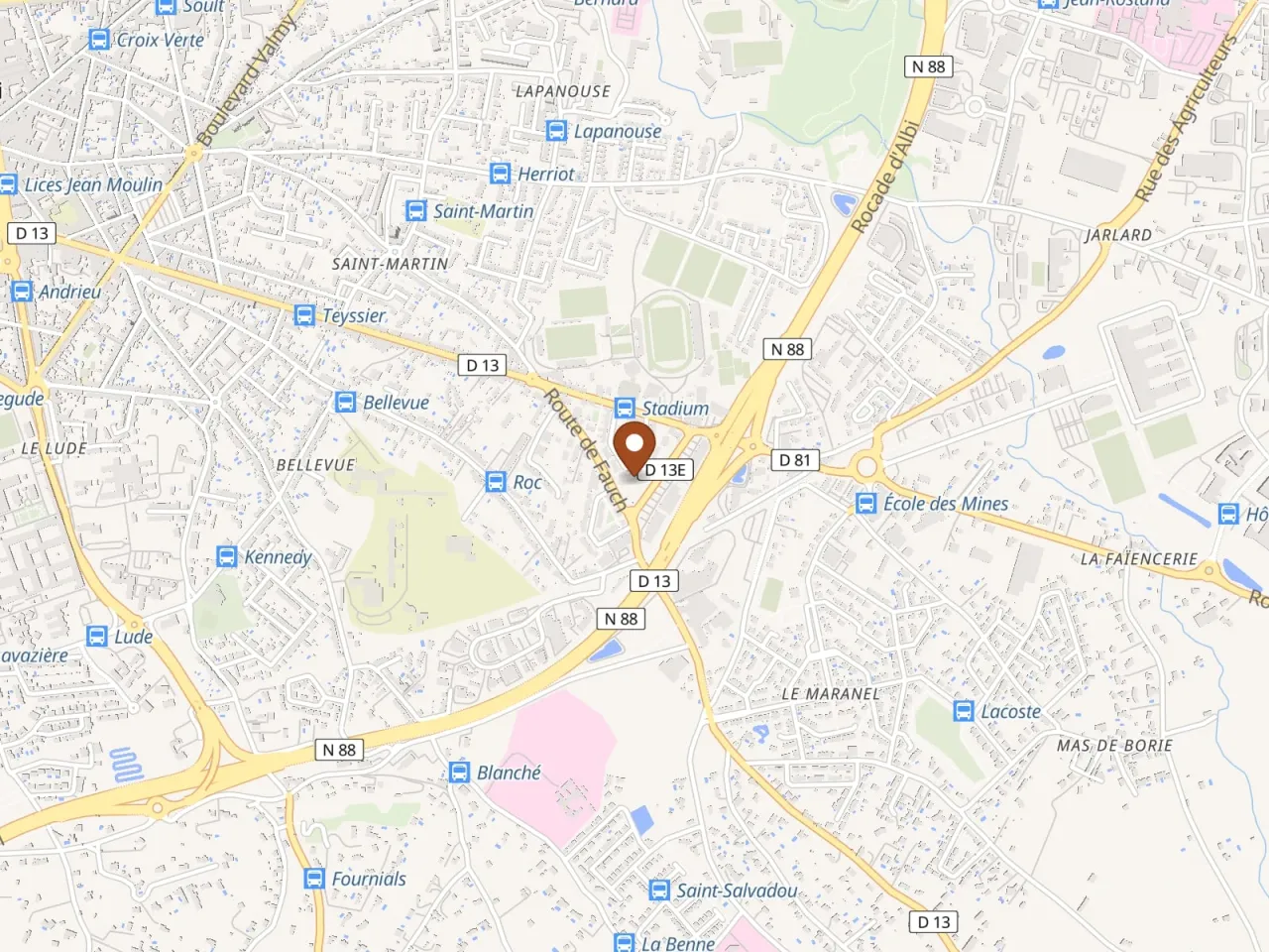 Plan du sud-est d'Albi, avec l'emplacement de l'atelier